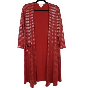 LULAROE Elegant Sarah Burgundy Red Silver Metallic Cardigan Duster Small